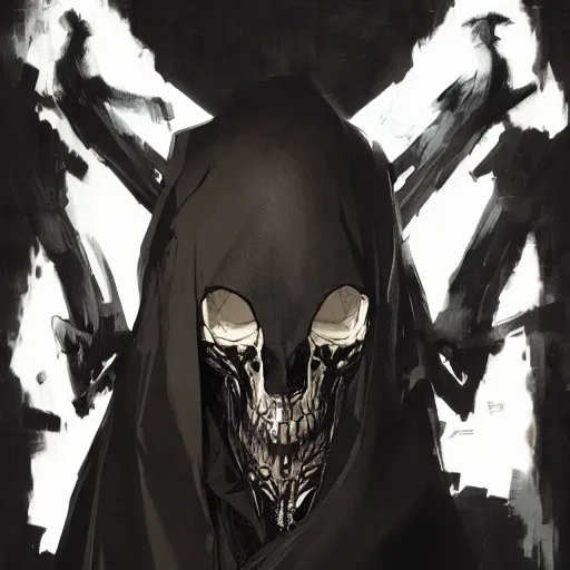 Image similar to portrait of a character wearing a black cloak, with a white mask in the shape of an animal skull, the mask covers her entire face, dramatic lighting, illustration by Greg rutkowski, yoji shinkawa, 4k, digital art, concept art, trending on artstation