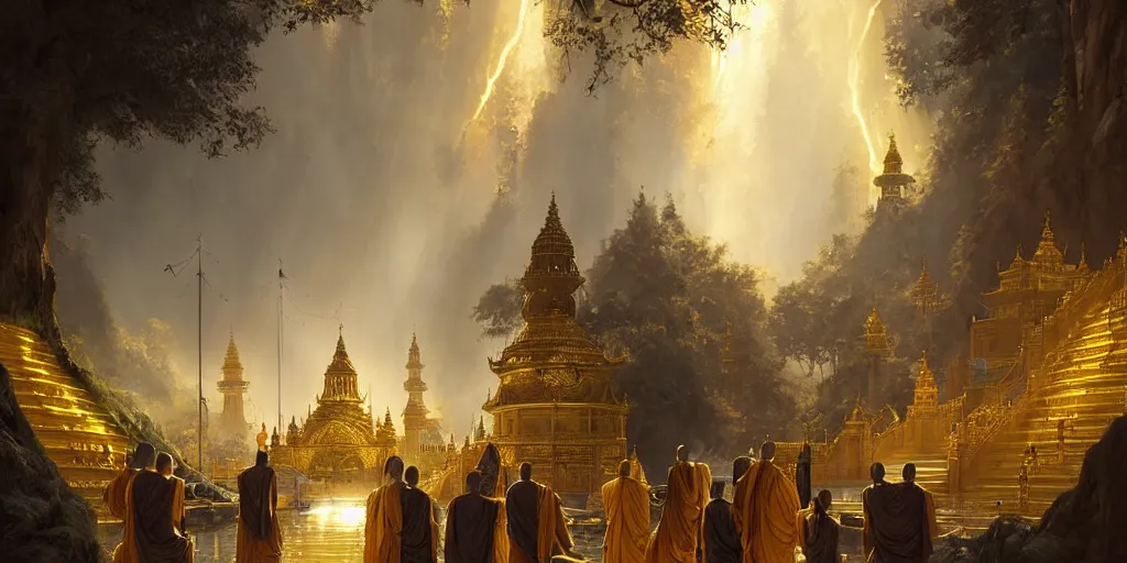 Prompt: a fantasy golden temple city, light shafts, golden aura, monks in robes, epic atmosphere, by greg rutkowski, nature by asher brown durand