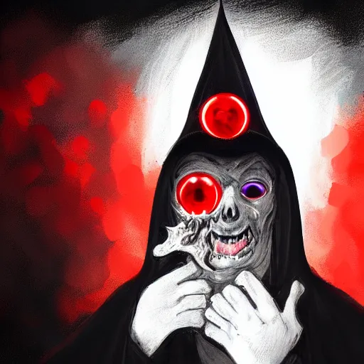 Image similar to dark lord looking into the camera, red glowing eyes, wearing black robe, happy, wearing mushroom hat, colorful, artstation