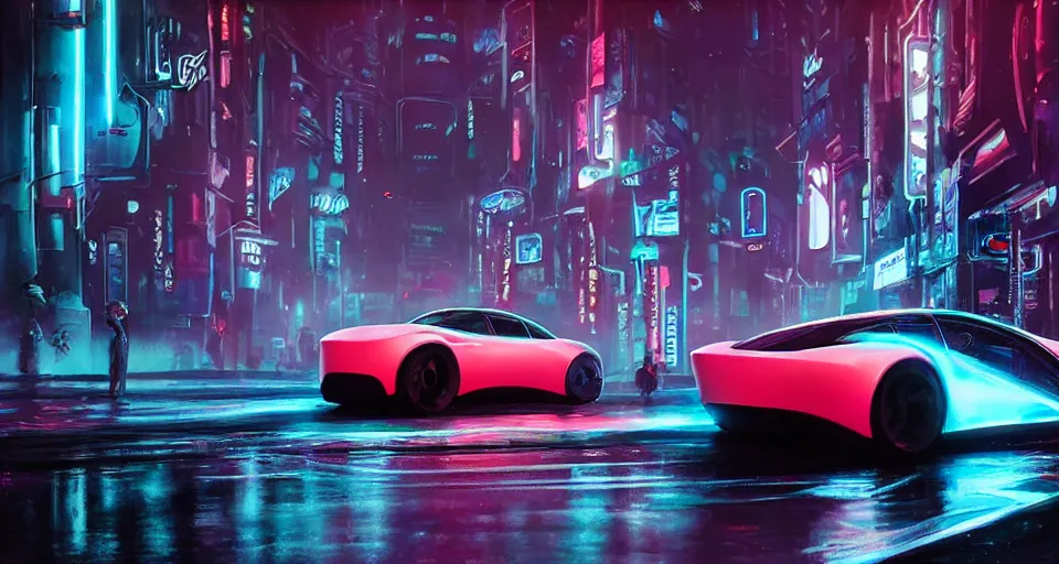 Image similar to product shot of a tron tesla light cycle car on wet city street at night, intricate, hyper detailed, smooth, high contrast, neon, volumetric lighting, octane, moebius, greg rutkowski, blade runner, ripley scott, cindmatic