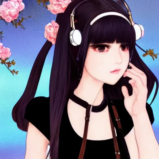 Image similar to realistic beautiful gorgeous natural cute Blackpink Lalisa Manoban black hair fur black cat ears, wearing white camisole summer outfit, headphones, black leather choker, tonemapping artwork drawn full HD 4K highest quality in artstyle by professional artists WLOP, Ayami Kojima, Aztodio, Alphonse Mucha, Taejune Kim, Guweiz on Pixiv Instagram Artstation