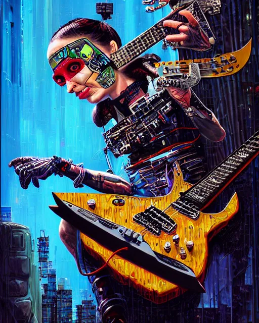 Image similar to a portrait of an anthropomorphic cyberpunk turtle shredding an electric guitar by sandra chevrier, by jon foster, detailed render, tape deck, epic composition, cybernetics, 4 k realistic, cryengine, realistic shaded lighting, sharp focus, masterpiece, by enki bilal