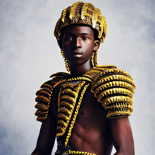 Image similar to a portrait of a beautiful young haitian male wearing an alexander mcqueen armor , photographed by andrew thomas huang, artistic