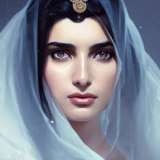 Prompt: a Photorealistic dramatic render of greek arab ameera al taweel, blue eyes, wavy black hair, white veil, by WLOP, Artgerm, Greg Rutkowski, Alphonse Mucha, Beautiful dynamic dramatic dark moody lighting,shadows,cinematic atmosphere,Artstation,concept design art,Octane render,8K