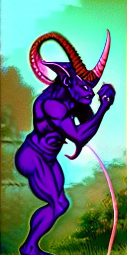 Prompt: character portrait of male tiefling, purple skin, small horns, Dungeons and Dragons character art, in the style of Frank frazetta and Boris Vallejo