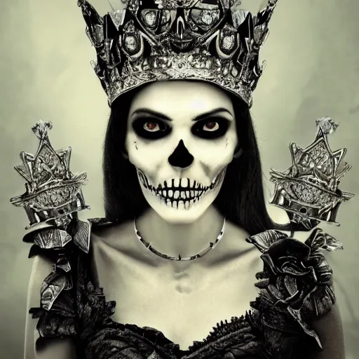 Image similar to skull queen with an origami crown, hints of silver jewelry, gothic, eerie, intricate detail, dramatic lighting, mist, grey, 4k