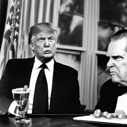 Image similar to Donald Trump drinking martinis with Nixon in hell, realistic