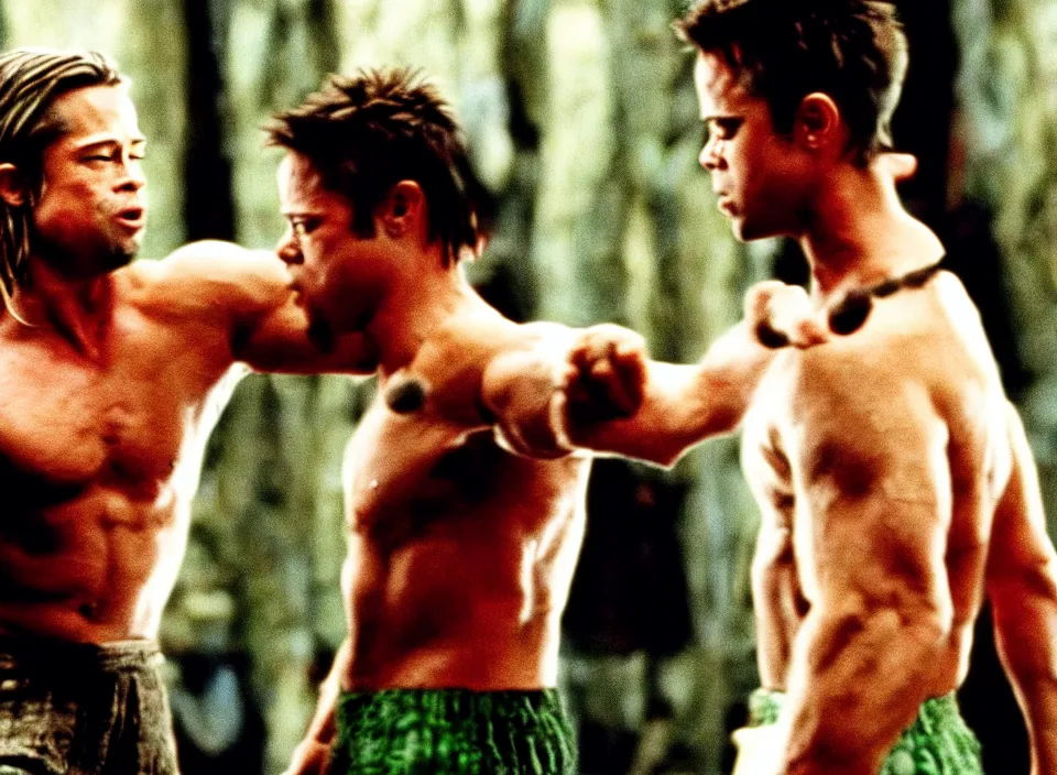 Prompt: color film still, brad pitt fighting shrek, high quality ; fight club ( 1 9 9 9 )