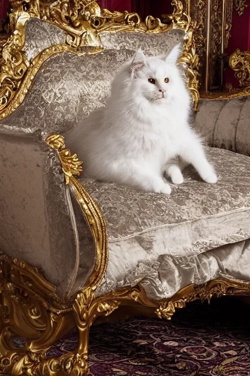 Prompt: a silver gelatin photo portrait of a royal cat, outrageously fluffy, on an embroidered velvet cushion on a neo - rococo gilded little bed, by david lachapelle, photorealistic, photography, wide shot