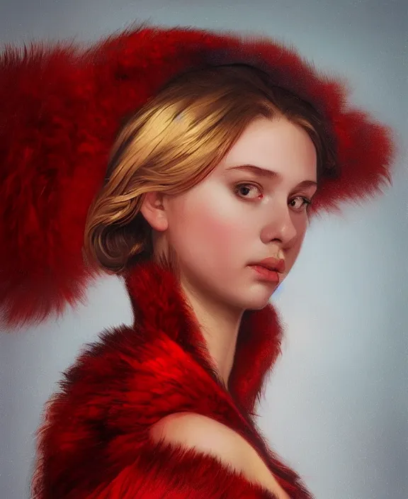 Image similar to teen girl in dress made of red fur, realistic portrait, highly detailed, digital painting, artstation, concept art, smooth, sharp focus, illustration, cinematic lighting, art by artgerm and greg rutkowski and alphonse mucha and boris vallejo and frank frazetta
