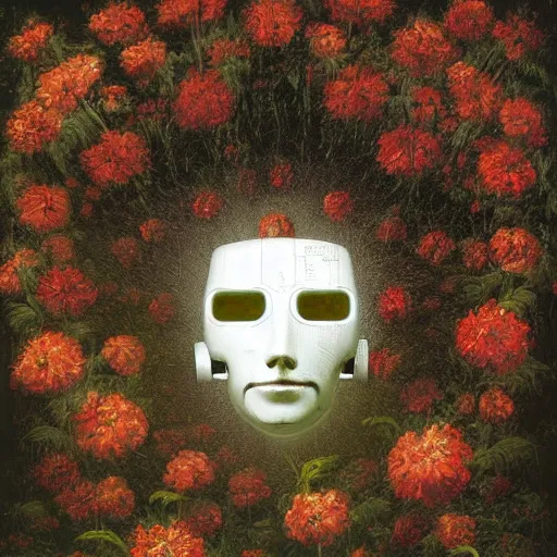 Image similar to a painting by thomas cole of a white robot head with flowers growing out, highly detailed, color bleeding, pixel sorting, plain black background, studio lighting, high contrast, bold composition, abstract paint color splotches