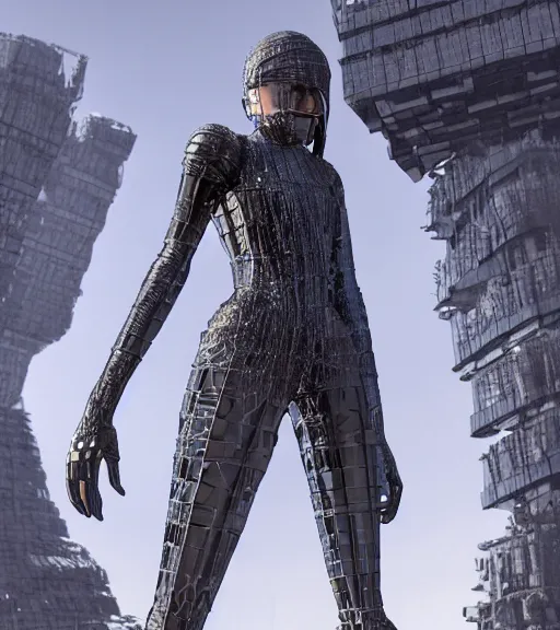 Prompt: tarkovsky best scene, the ancient destroyed majestic tower of babylon, a woman in futuristic cyber clothing, transparent puffer jacket, hyper realistic, cyber blockchain, cyber world, ambient lighting, concept art, intricate, hyper - detailed, smooth, dynamic volumetric lighting, octane, ray trace, cinematic, high quality, high resolution, 4 k, cgsociety