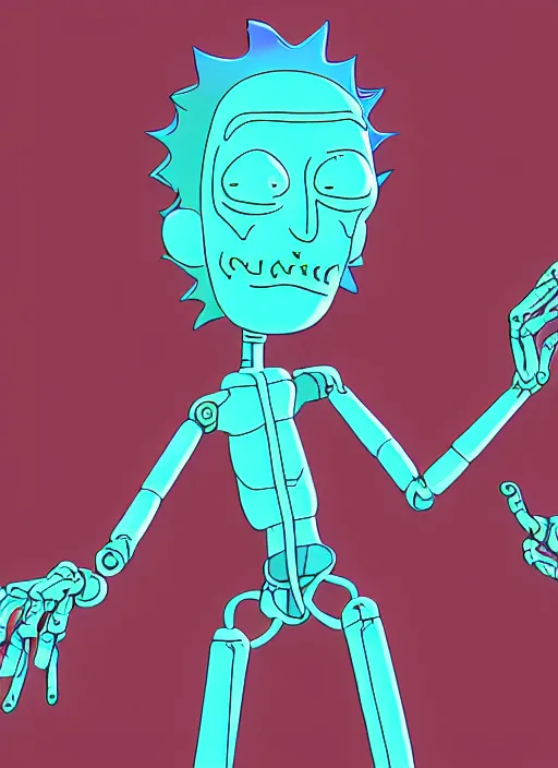 Image similar to an artificial intelligence in a robot short circuiting trying to figure how hands look, rick and morty art style illustration