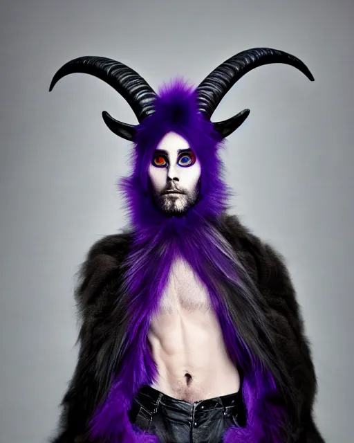 Prompt: Jared Leto with Wolf Eyes, goat ears, and purple fur, wearing Haider Ackerman, Rick Baker Style makeup, photo-real, Artstation, in the style of Annie Leibovitz