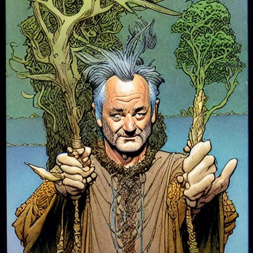 Image similar to a high fantasy portrait of bill murray as a mystical druidic warrior wizard giving the camera the finger by rebecca guay, michael kaluta, charles vess and jean moebius giraud