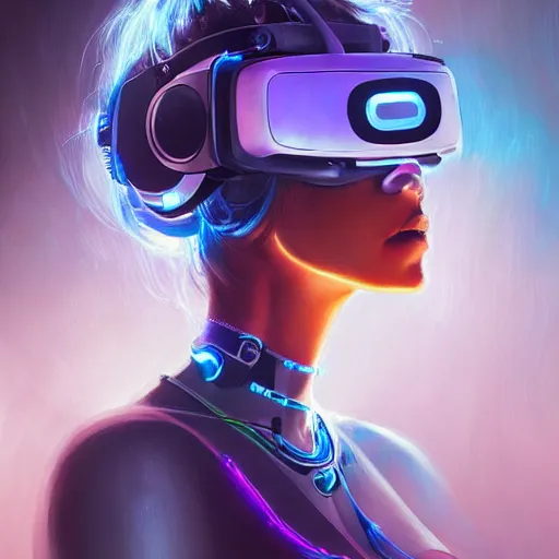 Prompt: portrait of a beautiful cybernetic raver girl wearing a oculus rift headset in a futuristic japanese penthouse, cyberpunk concept art by pete mohrbacher and artgerm and wlop and greg rutkowski, digital art, highly detailed, intricate, sci-fi, neon colors, sharp focus, Trending on Artstation HQ, deviantart, unreal engine 5, 4K UHD image