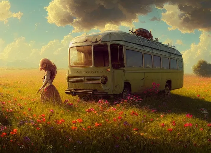 Prompt: detailed intricate digital illustration by greg rutkowski and artgerm and wlop and sanford robinson gifford ; conversion van, beautiful meadow with colorful flowers and puffy clouds in background ; 1 3 mm film, arri alfa anamorphic lens ; sharp focus, golden hour lighting, trending on artstation 4 k ; close view