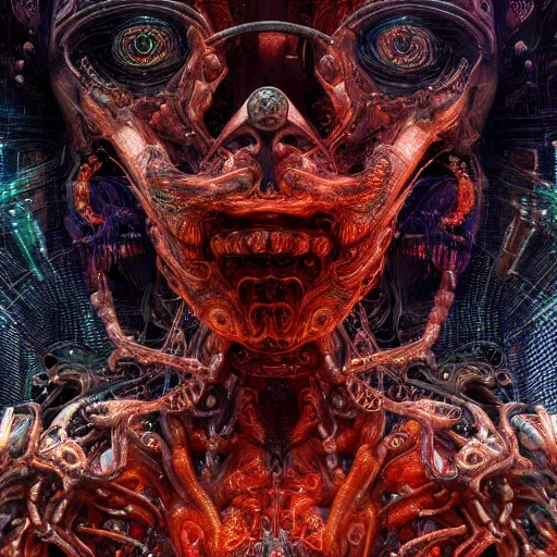 Image similar to cybernetic demon dreaming with its networked mind, lsd, circuitry, intricate detail, royo, whealan, giger, klimt, hd, octane render, unreal engine,