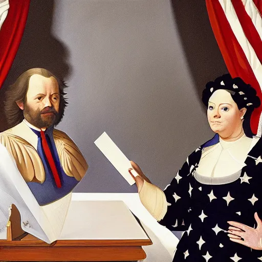 Image similar to hyperdetailed elaborate minimalist photorealistic portrait of Leslie Knope taking the oath of office as president of the united states in the style of Caravaggio