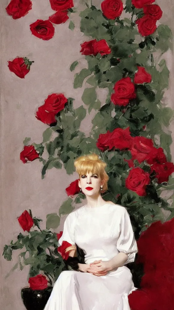 Prompt: portrait of julee cruise in white balloon sleeve dress beside a pot of red roses, a detailed persian curtain in back painted by john singer sargent