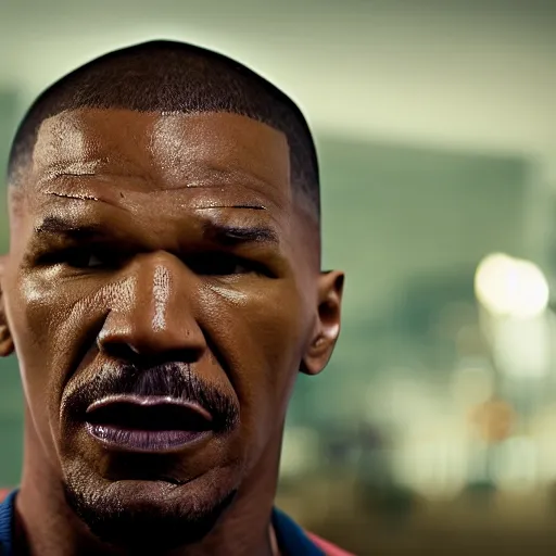 Image similar to a cinematic film still of Jamie Foxx starring as Mike Tyson, portrait, 40mm lens, shallow depth of field, close up, split lighting, cinematic