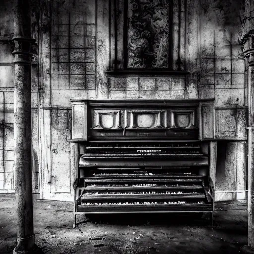 Image similar to black and white photo by karl gustav rodde of a haunted pipe organ in an abandoned warehouse, dirty, hazy, depressing, haunted