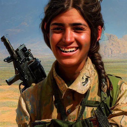 Prompt: a portrait of a happy Kurdish YPJ soldier, detailed, centered, digital painting, artstation, concept art, donato giancola, Joseph Christian Leyendecker, WLOP, Boris Vallejo, Breathtaking, 8k resolution, extremely detailed, beautiful, establishing shot, artistic, hyperrealistic, beautiful face, octane render