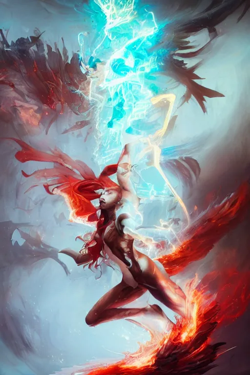 Image similar to model wearing exploding fire electricity and blood, sorcerer, diamonds, angel, fantasy, dramatic lighting, highly detailed, digital painting, holding electricity, magic the gathering, hyper detailed, 3 d render, hyper realistic detailed portrait, peter mohrbacher, wlop, ruan jia