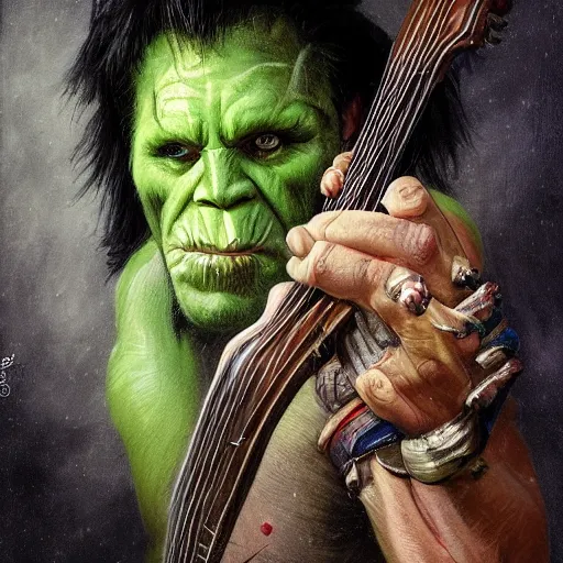 Image similar to detailed photo of a Half-orc bard portrayed by Gary Busey playing a lute on a wooden stage, 8k,by Tristan Eaton, Stanley Artgermm, Tom Bagshaw, Greg Rutkowski, Carne Griffiths, trending on DeviantArt, face enhance, hyper detailed ,full of color, dramatic lightning, epic stance