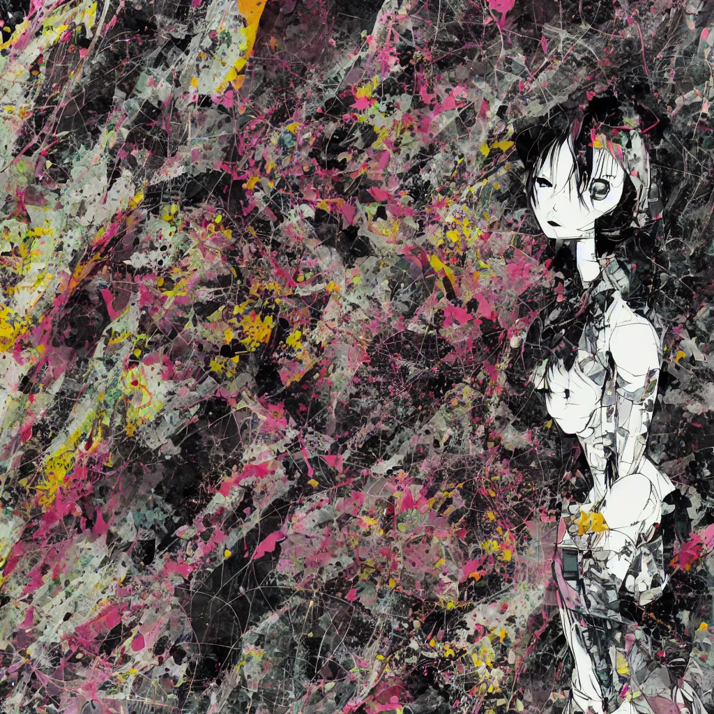 Image similar to girl figure, abstract, jet set radio artwork, ryuta ueda artwork, cryptic, rips, spots, asymmetry, stipple, lines, glitches, color tearing, pitch bending, stripes, dark, ominous, eerie, hearts, minimal, points, otomo katsuhiro artwork, technical, natsumi mukai artwrok, folds