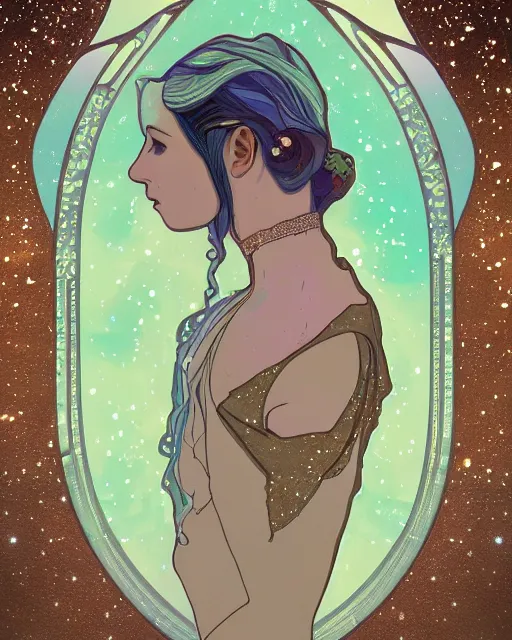 Prompt: a portrait of a galaxy as an androgynous fairy spirit wearing stars as a necklace, draped in transparent cloth, flat colors, minimal, swirly, bust by alphonse mucha, decorative art deco border, astrophotography, vast cosmos, digital illustration overlayed on photography, trending on artstation
