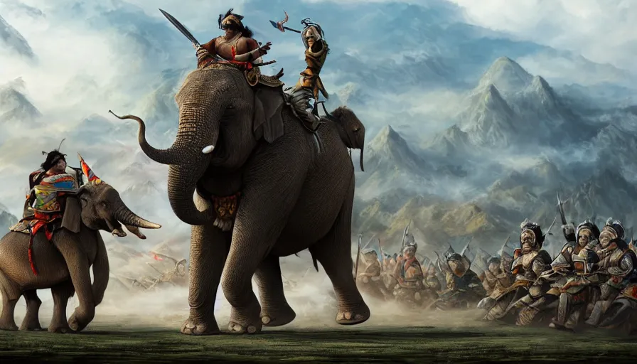 Prompt: matte painting of a beautiful batttlefield of tai ethnic group versus mongol empire, a tai ethnic warlord rides an asian war elephant with emotional movement in the center of the battlefield, digital art trending on artstation,