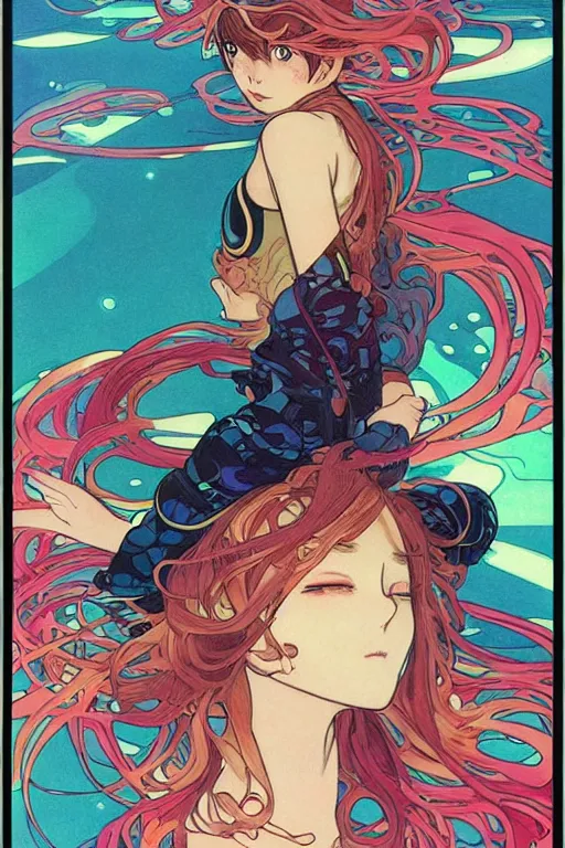 Prompt: portrait of a girl floating in a spacestation, flowing hair, yuya nagai, last exile, blue submarine no. 6, loish, murata range, kawaii, studio lighting, anime, manga, vibrant bright colors, japanese, 1980s, beautiful, dreamy, alphonse mucha, gradation, jean giraud, high saturation