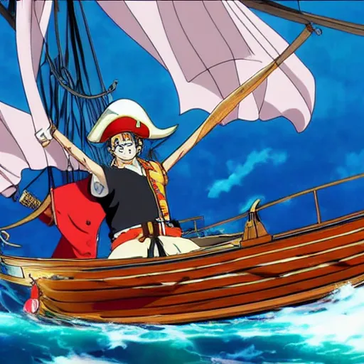 Image similar to emmanuel macron in a pirate boat, in One Piece Anime Series, 4k Resolution.