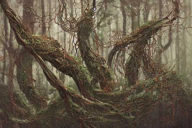Prompt: Densely tangled forest branches by Shaun Tan and Eywind Earle, trending on artstation, evocative, highly detailed