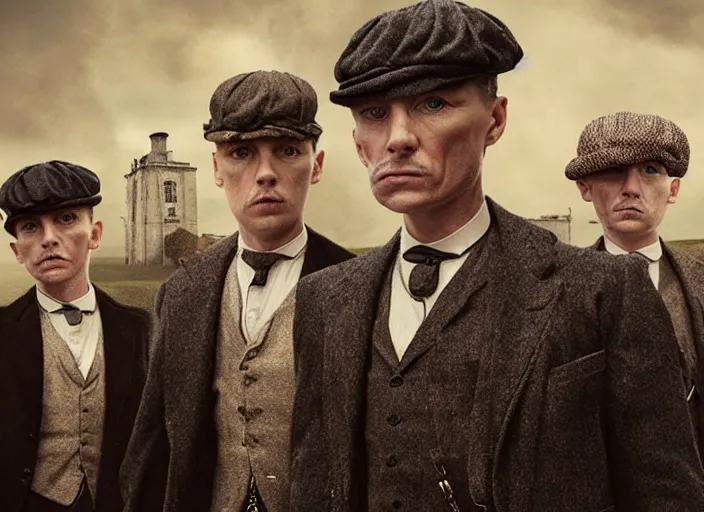 Image similar to peaky blinders crew made out of shrimp, poster, matte painting, 3 - d highly detailed, in the style of mark ryden,