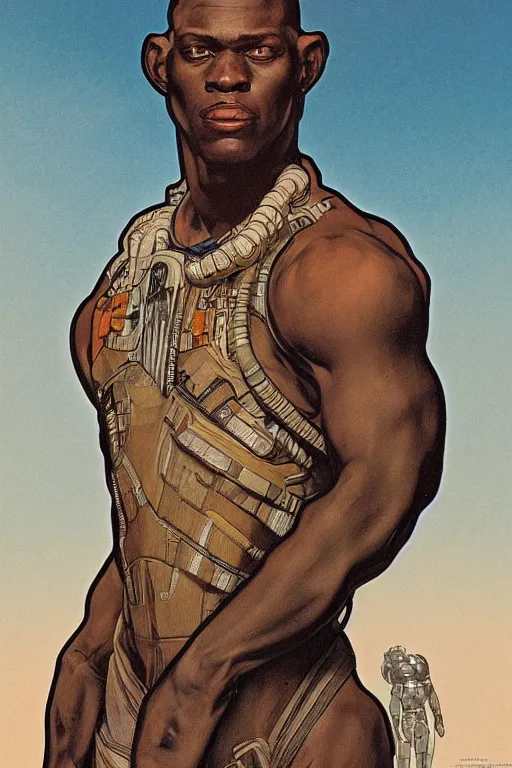 Image similar to upper body portrait of giant african man with a muscular neck wearing a scifi dune spacesuit, nebula in the background, illustration by normal rockwell and alphonse mucha, artstation character concept art