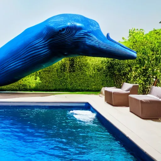 Image similar to A huge blue whale in a swimming pool of a villa