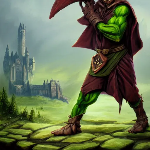 Image similar to goblin wizard, oil painting, dramatic, robed warrior, green orc with horns, castle in background, stone brick background, ultra realistic, artstation award, fantasy, concept art, powerful pose