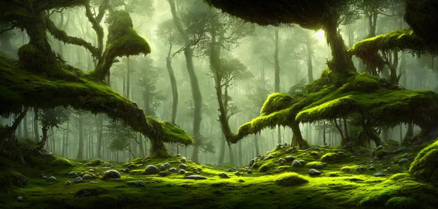 Image similar to random forest landscape, moss, incredible, vector art, octane render, fabulous, hyper detailed, random cinematic view, no noise, global illumination, warm lighting, volumetric, godrays, vivid, beautiful, by jordan grimmer