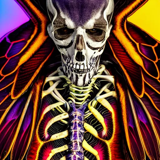 Image similar to a portrait of a skelton with moth wings, highly detailed, digital photo, hdri, by christopher bretz and john carpenter, vivid colors, high contrast, 8 k resolution, intricate, photorealistic, smooth, psychedelic color scheme, concept art, award winning, cg society contest winner