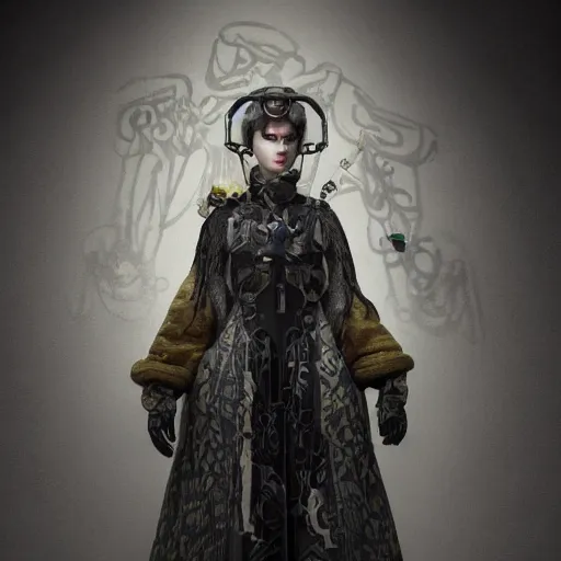 Image similar to italian solarpunk curator in an art gallery with extremely detailed headsets and gloves, inspired by die antwoord beautiful, hand painted textures, cloth physics, deviantart, karol bak, masamune shirow, black and white, photorealistic, concept art, perfect render, 3 d render, pixar, 8 k