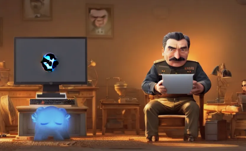 Image similar to very cute angry realistic josef stalin trading bitcoin in front of computer, disney pixar character concept artwork, 3 d concept, in a rock chair, high detail iconic character for upcoming film, 8 k octane render