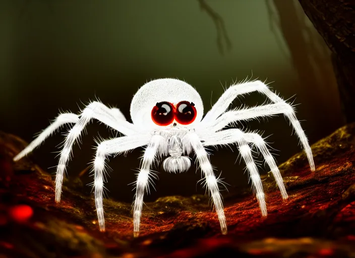 Image similar to ( white crystal - clear spider ) with ( huge red eyes ), in a ( foggy glowing forest ). highly detailed 8 k. intricate. lifelike. soft light. fantasy horror style. cinematic post - processing, dof.