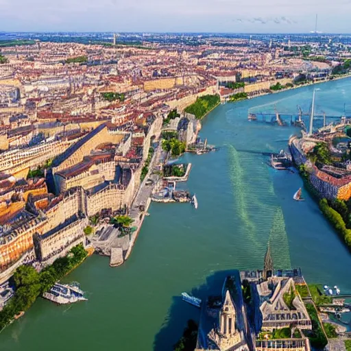 Image similar to aerial view of bordeaux, art concept, architectural, coherent, you can see the river and most known monuments, tropical mood, water is like a lagoon