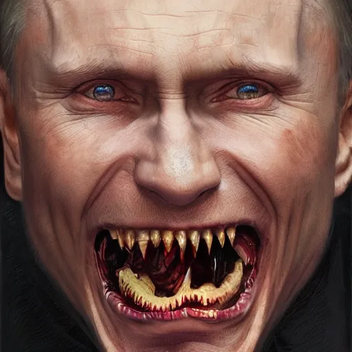 Image similar to a portrait of vladimir putin, flesh eating worms, macabre, horror rotten teeth, by donato giancola and greg rutkowski, wayne barlow, realistic face, visible face, digital art, artstation, symmetry