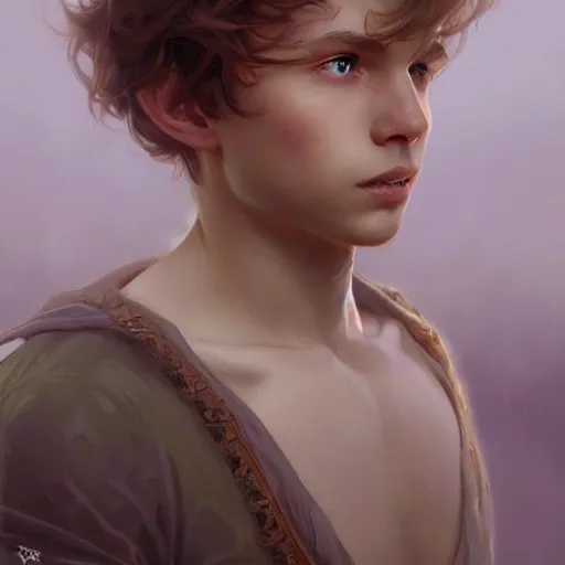 Prompt: young boy, light hair, gorgeous, son of peter pan, amazing, feminine, elegant, intricate, highly detailed, digital painting, artstation, concept art, sharp focus, illustration, art by artgerm and greg rutkowski and alphonse mucha