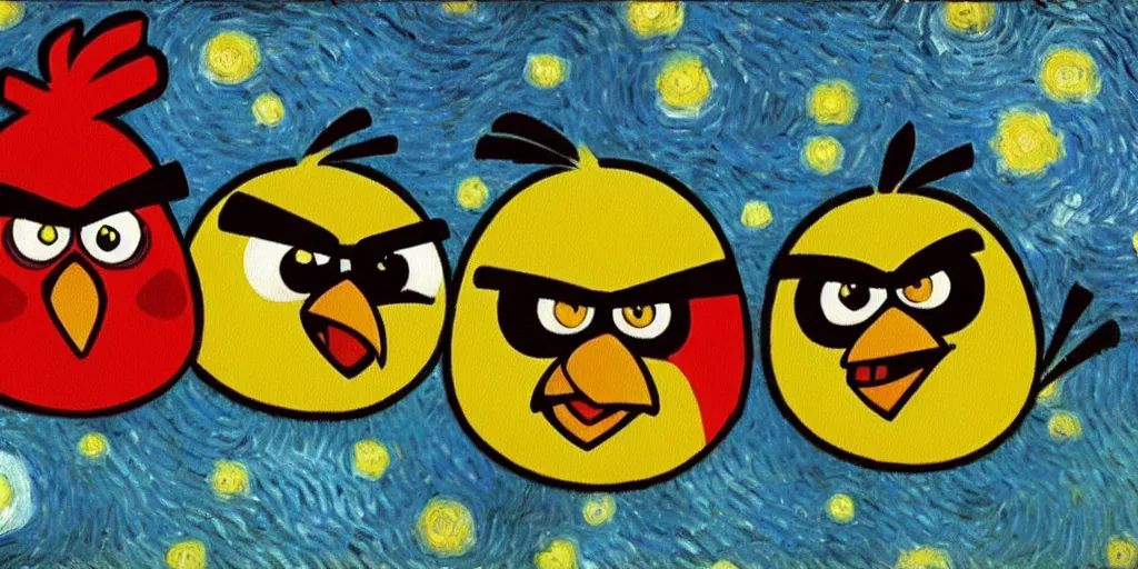 Prompt: An oil painting of the angry birds, by Van Gogh