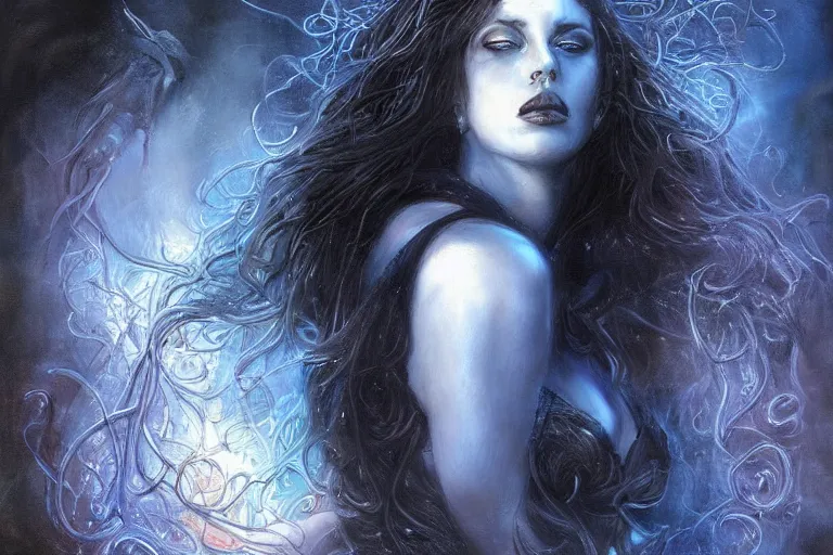 Prompt: masterpiece goddess of sorrow portrait, 3 0 years woman, melancholic face, long hair, digital painting by louis royo and julie bell, dark tenebrous blue background, antic temple background, cinematic light, aura effect, some chaotic sparkles, wind, unreal engine, artstation, deviantart, pinterest