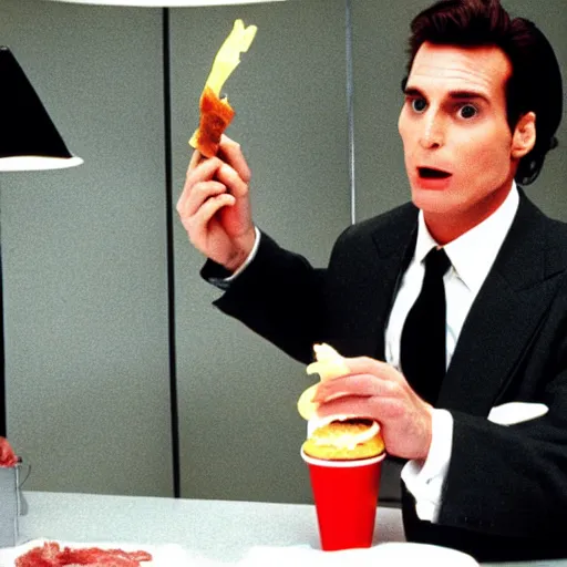 Prompt: patrick bateman eating a double bacon quarterpounder from mcdonalds, and holding a large coke